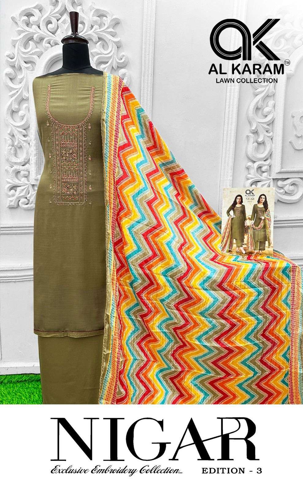 nigar edition vol-3 by al karam 3001-3006 series unstich salwar kameez catalogue latest design 2024