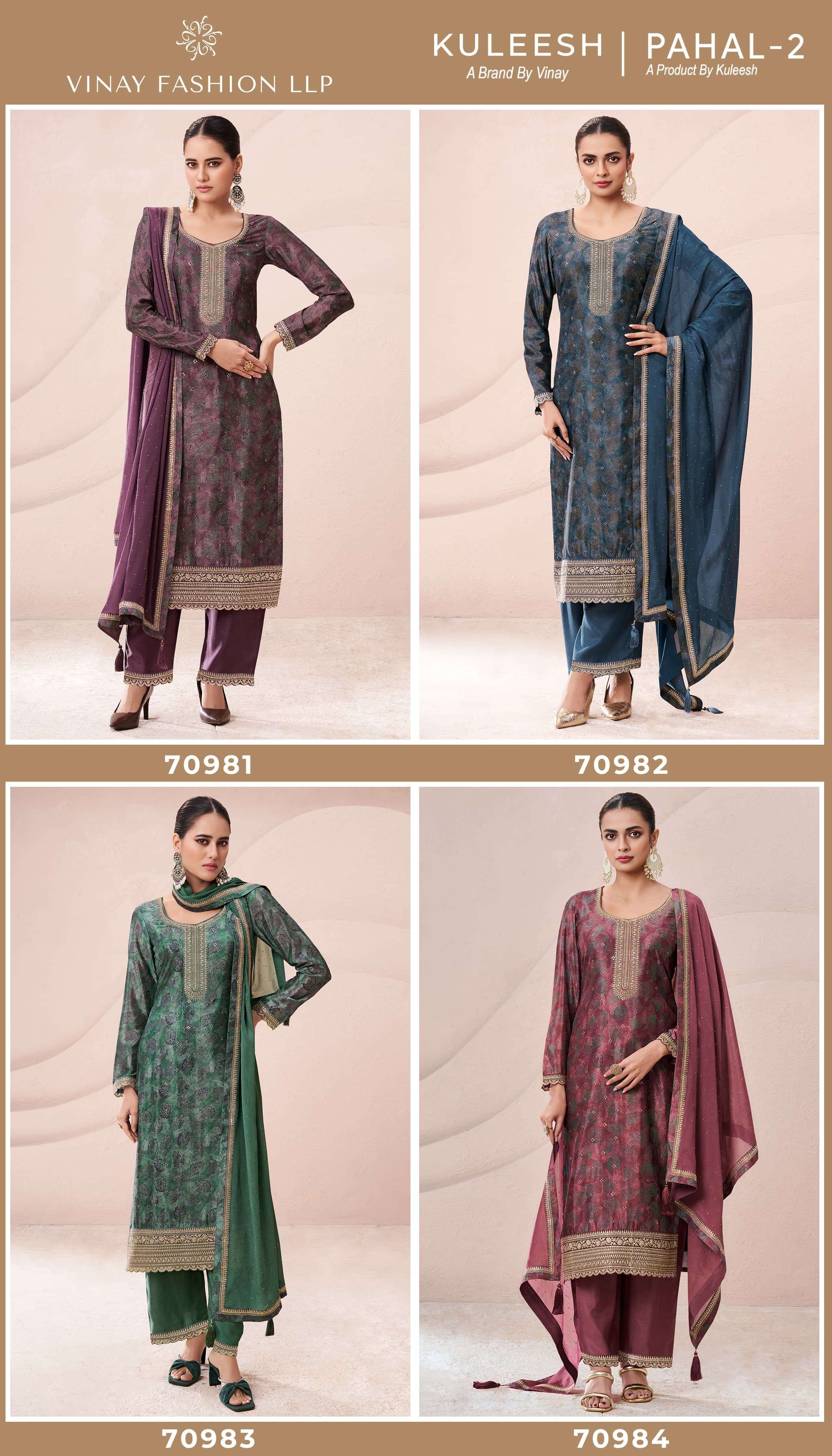 pahal vol-2 by vinay fashion kuleesh 70981-70984 series embroidered designer party wear chinnon suits catalogue surat