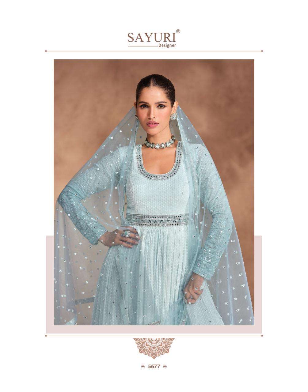 sayuri designer by izhar 5676-5678 series real georgette chinnon silk embroidred ready made gown catalogue 