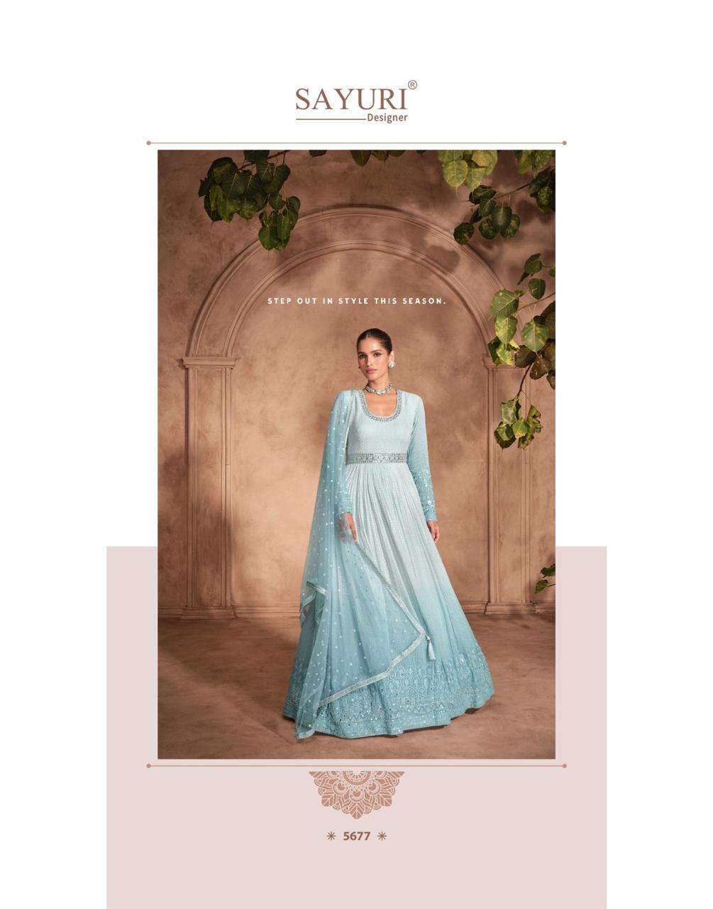 sayuri designer by izhar 5676-5678 series real georgette chinnon silk embroidred ready made gown catalogue 