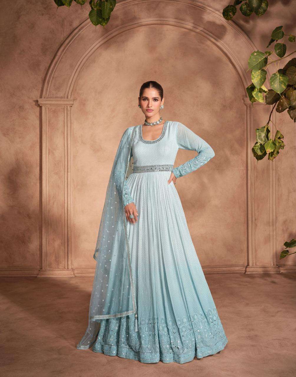sayuri designer by izhar 5676-5678 series real georgette chinnon silk embroidred ready made gown catalogue 