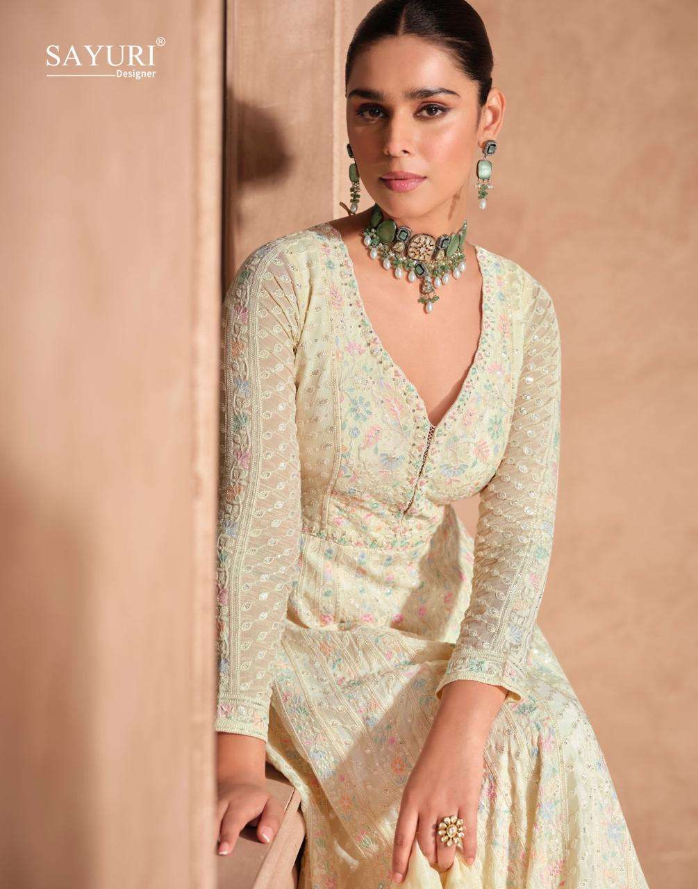 sayuri designer by izhar 5676-5678 series real georgette chinnon silk embroidred ready made gown catalogue 