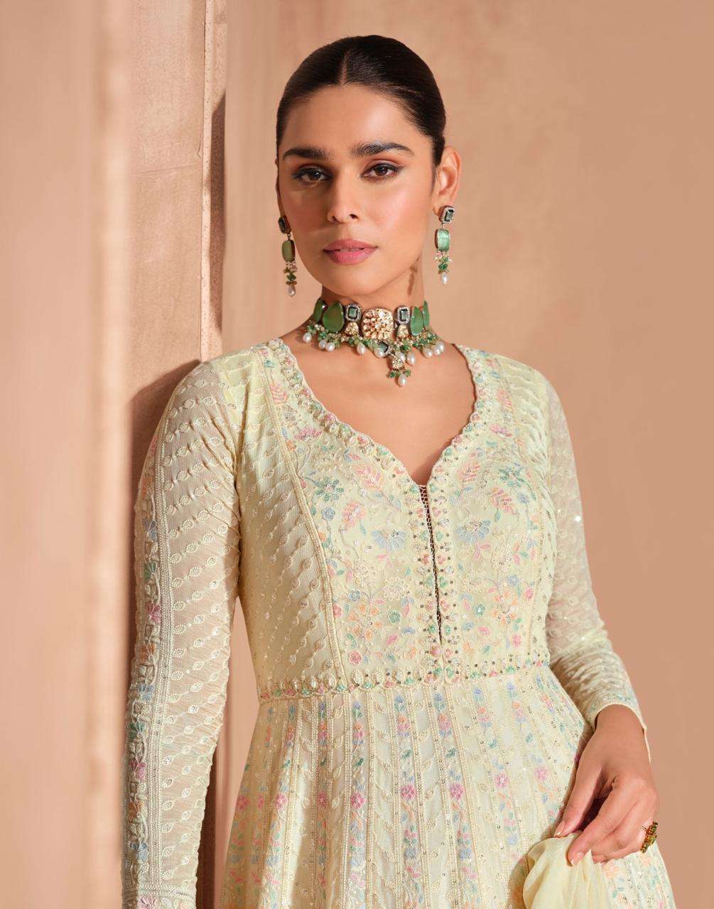 sayuri designer by izhar 5676-5678 series real georgette chinnon silk embroidred ready made gown catalogue 