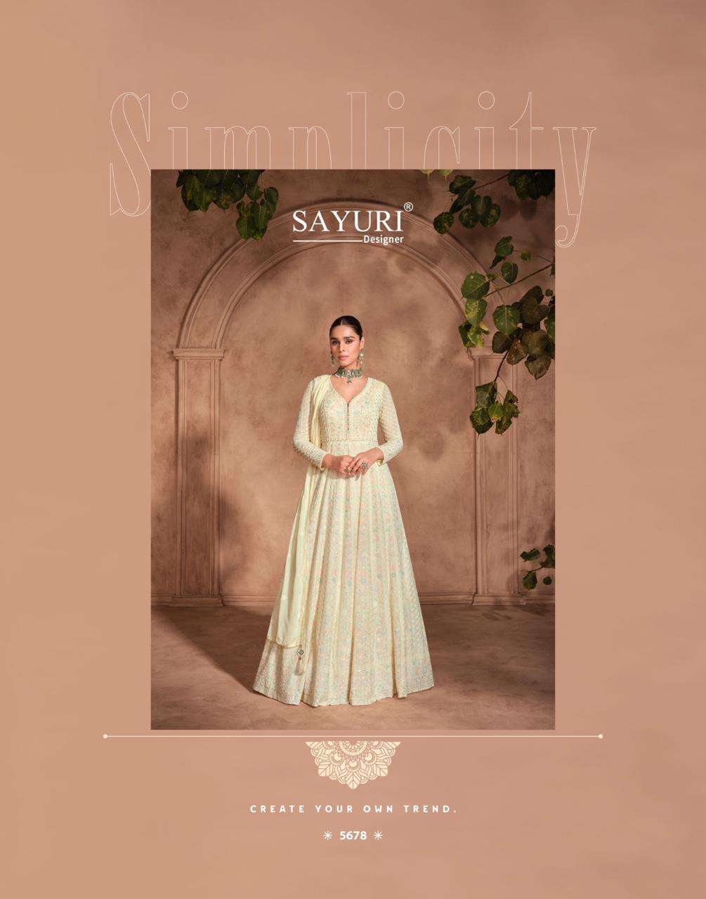 sayuri designer by izhar 5676-5678 series real georgette chinnon silk embroidred ready made gown catalogue 