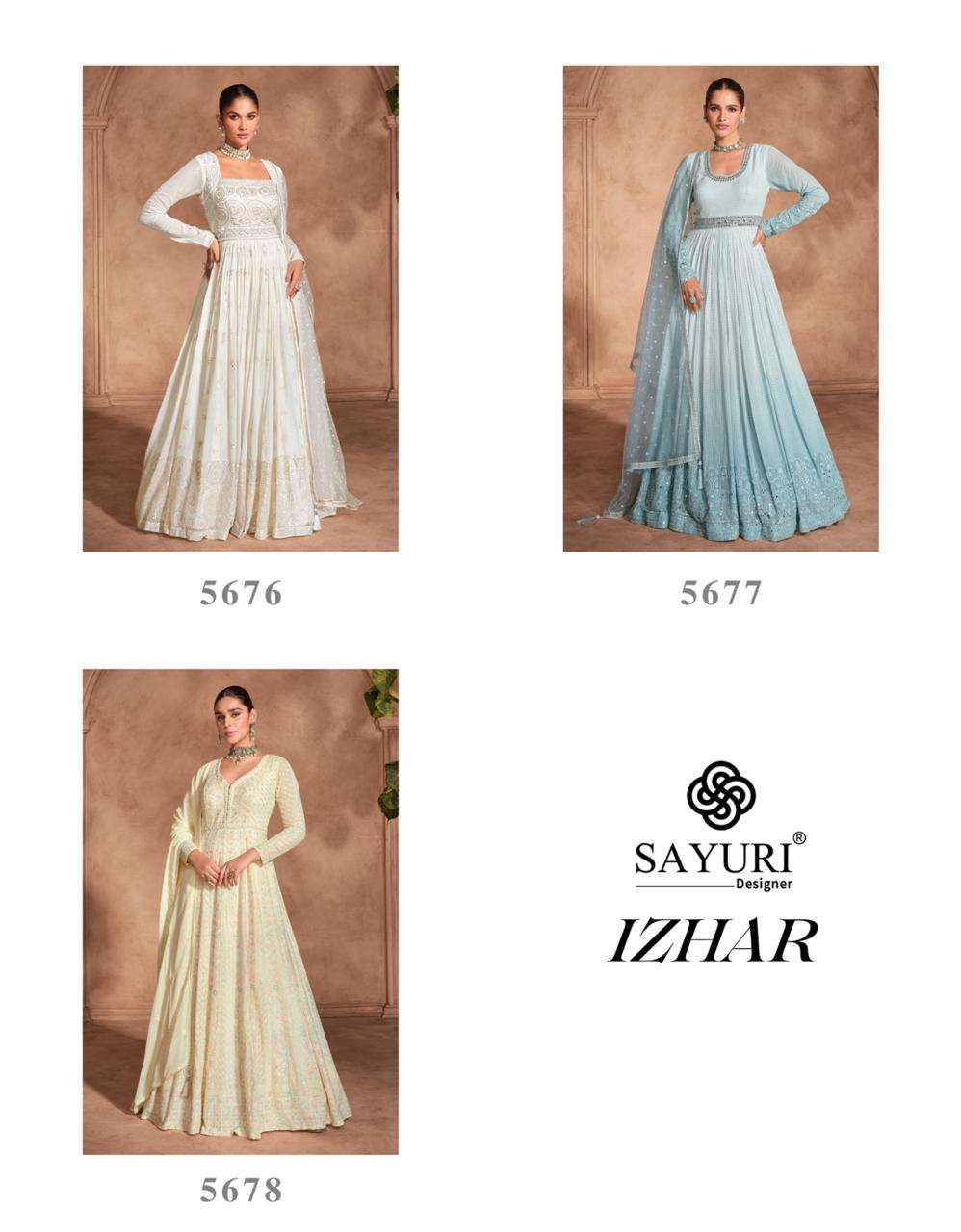 sayuri designer by izhar 5676-5678 series real georgette chinnon silk embroidred ready made gown catalogue 