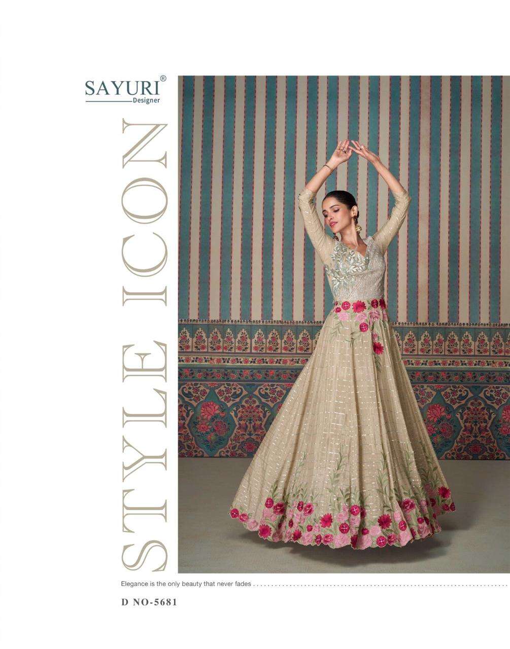 sayuri designer ethnic 5681-5683 series party wear premium real chinon silk embroidred gown catalogue surat