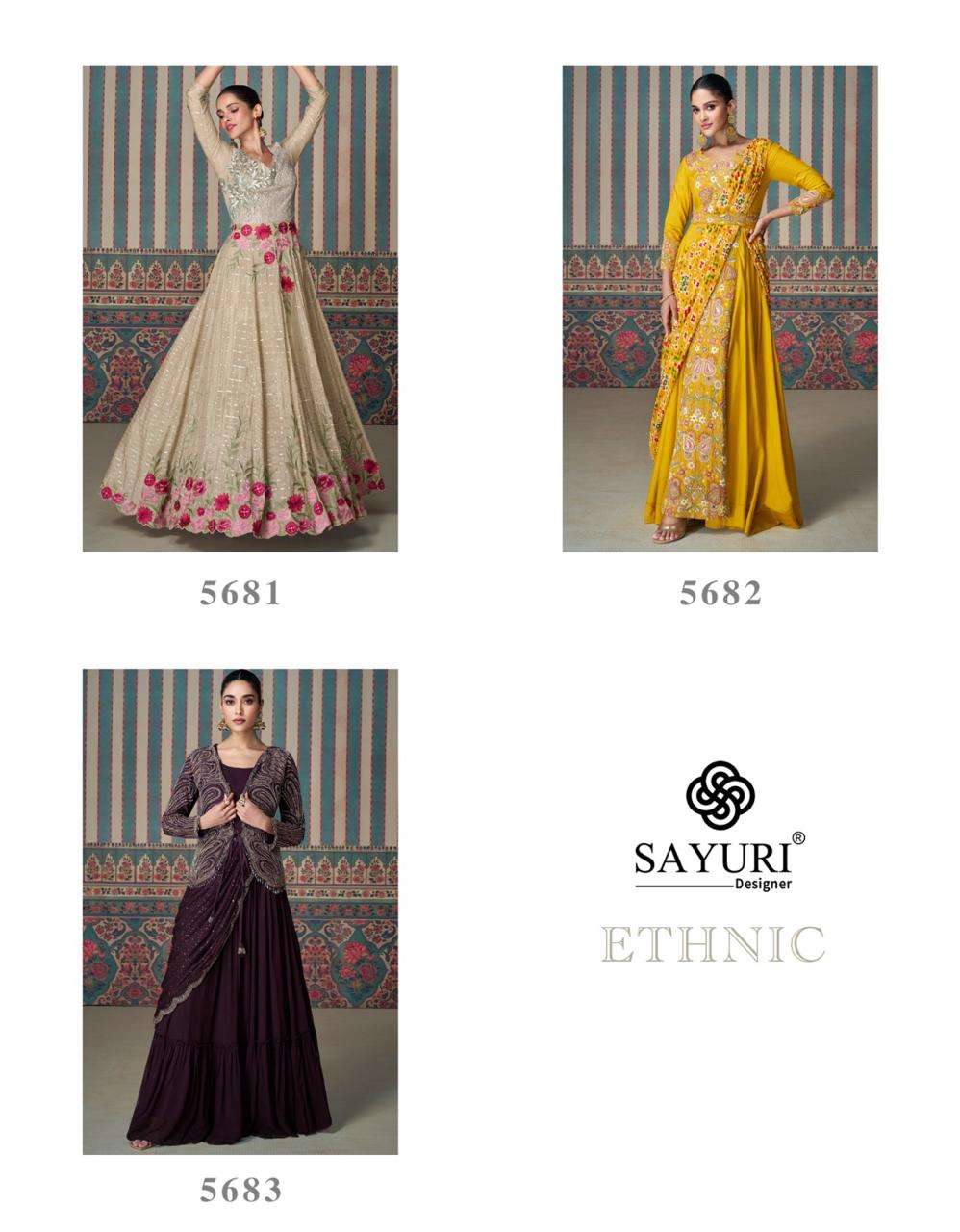 sayuri designer ethnic 5681-5683 series party wear premium real chinon silk embroidred gown catalogue surat