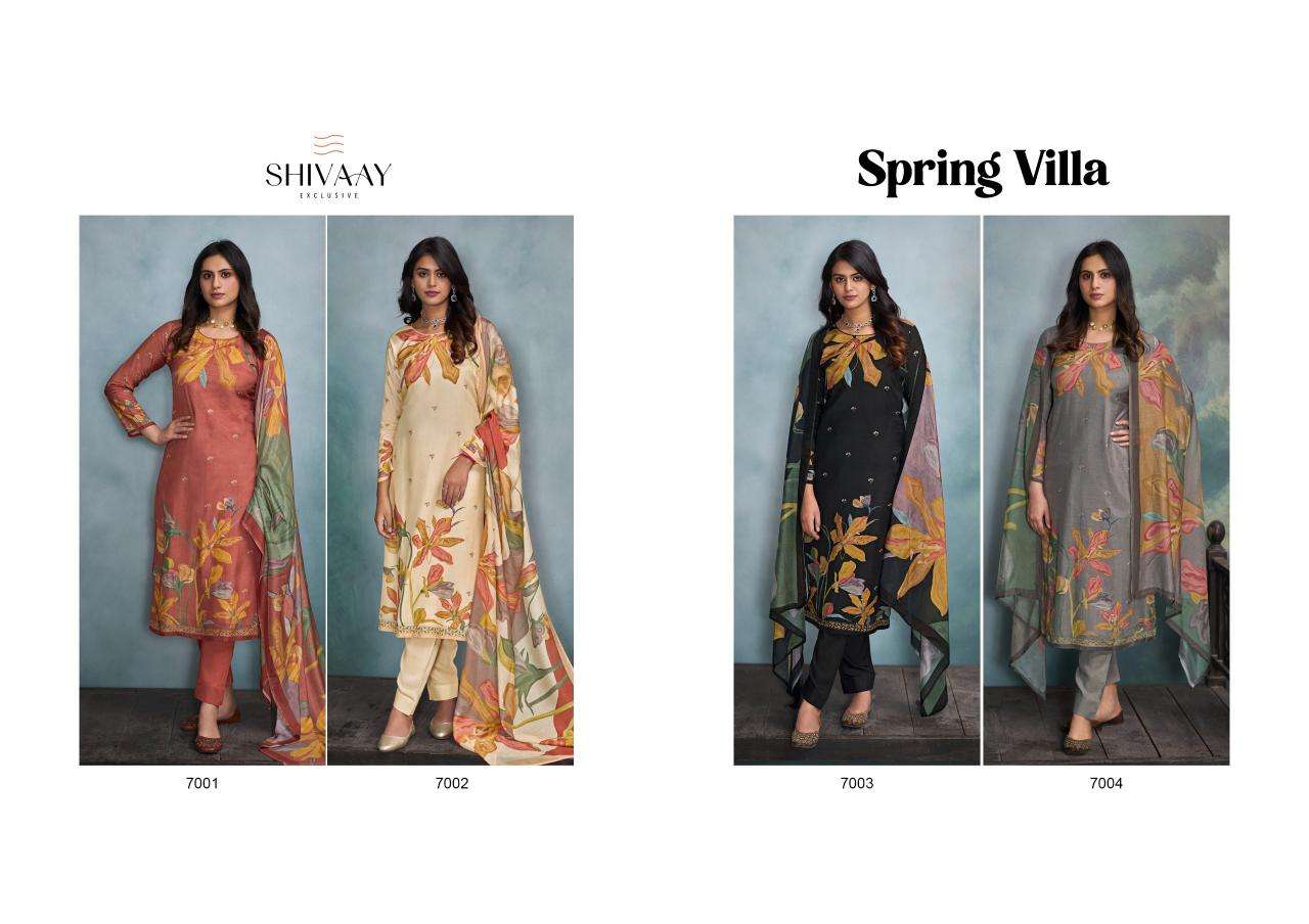 spring villa by shivaay 7001-7004 series trendy designer viscose muslin salwar suits catalogue surat