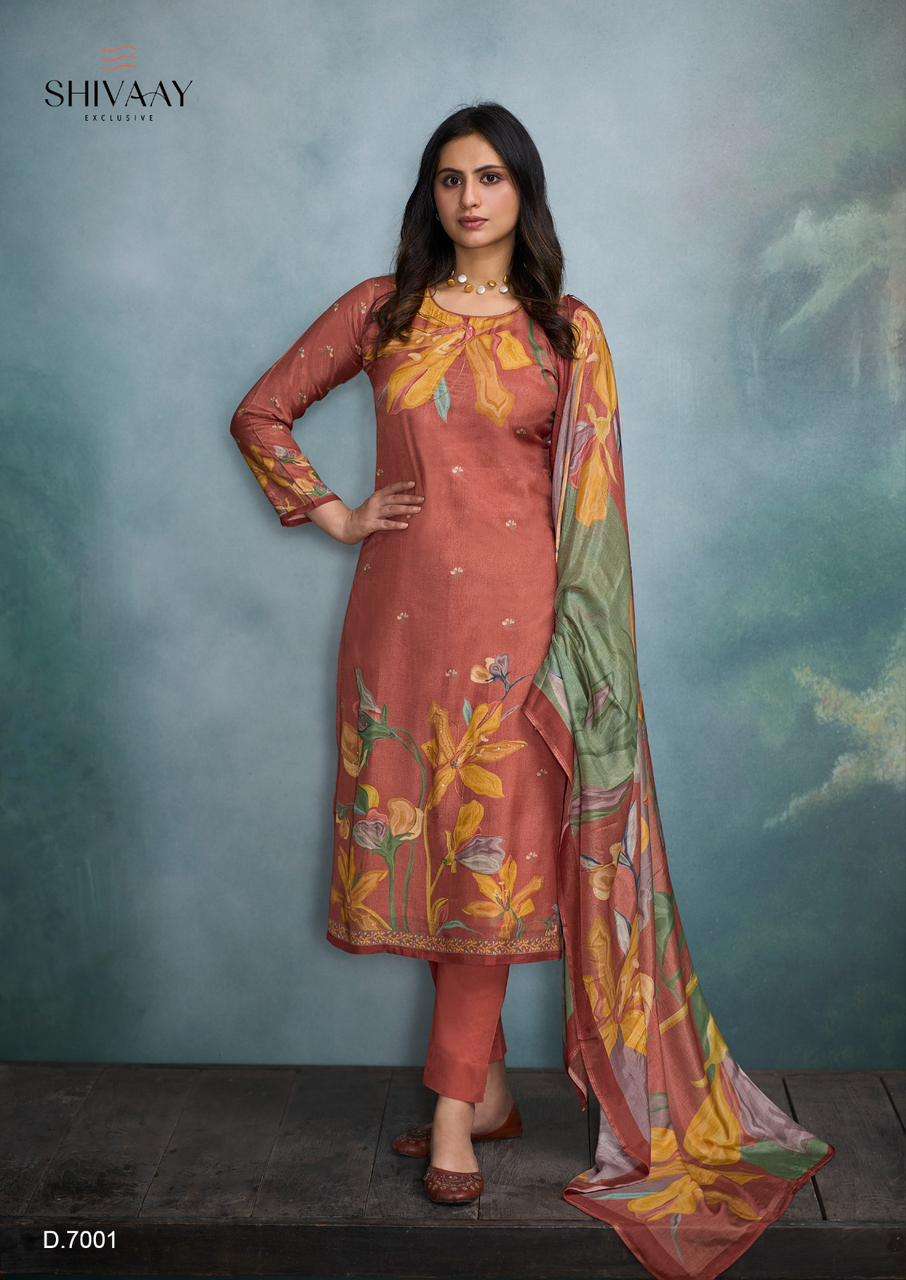 spring villa by shivaay 7001-7004 series trendy designer viscose muslin salwar suits catalogue surat