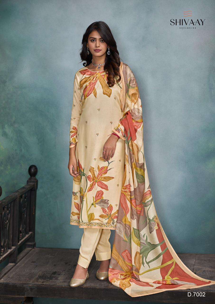 spring villa by shivaay 7001-7004 series trendy designer viscose muslin salwar suits catalogue surat