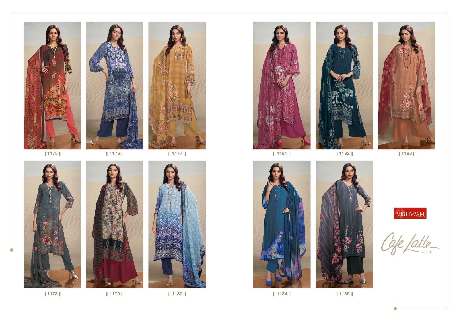 vishwam cafe latte vol 18 1175-1185 series digital printed butter crape salwar kameez catalogue best price pratham exports 