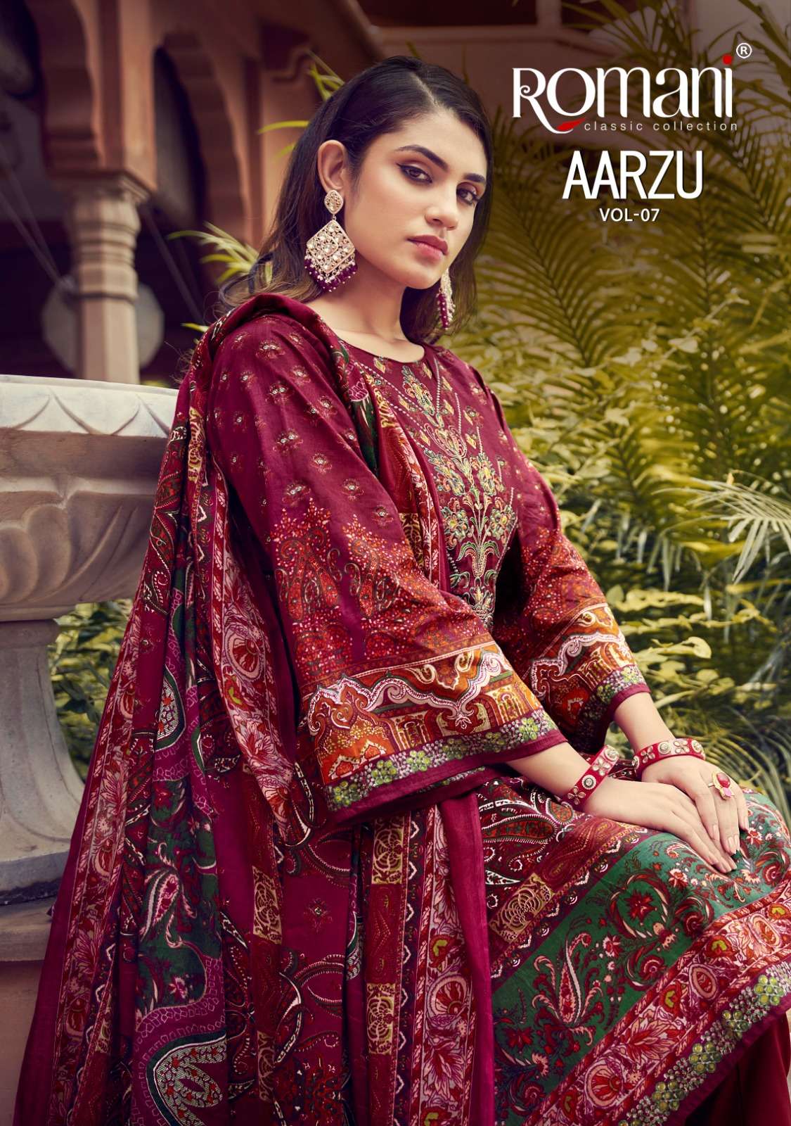 aarzu vol-7 by romani digital print with heavy embroidery work soft cotton suits catalogue wholesaler surat 