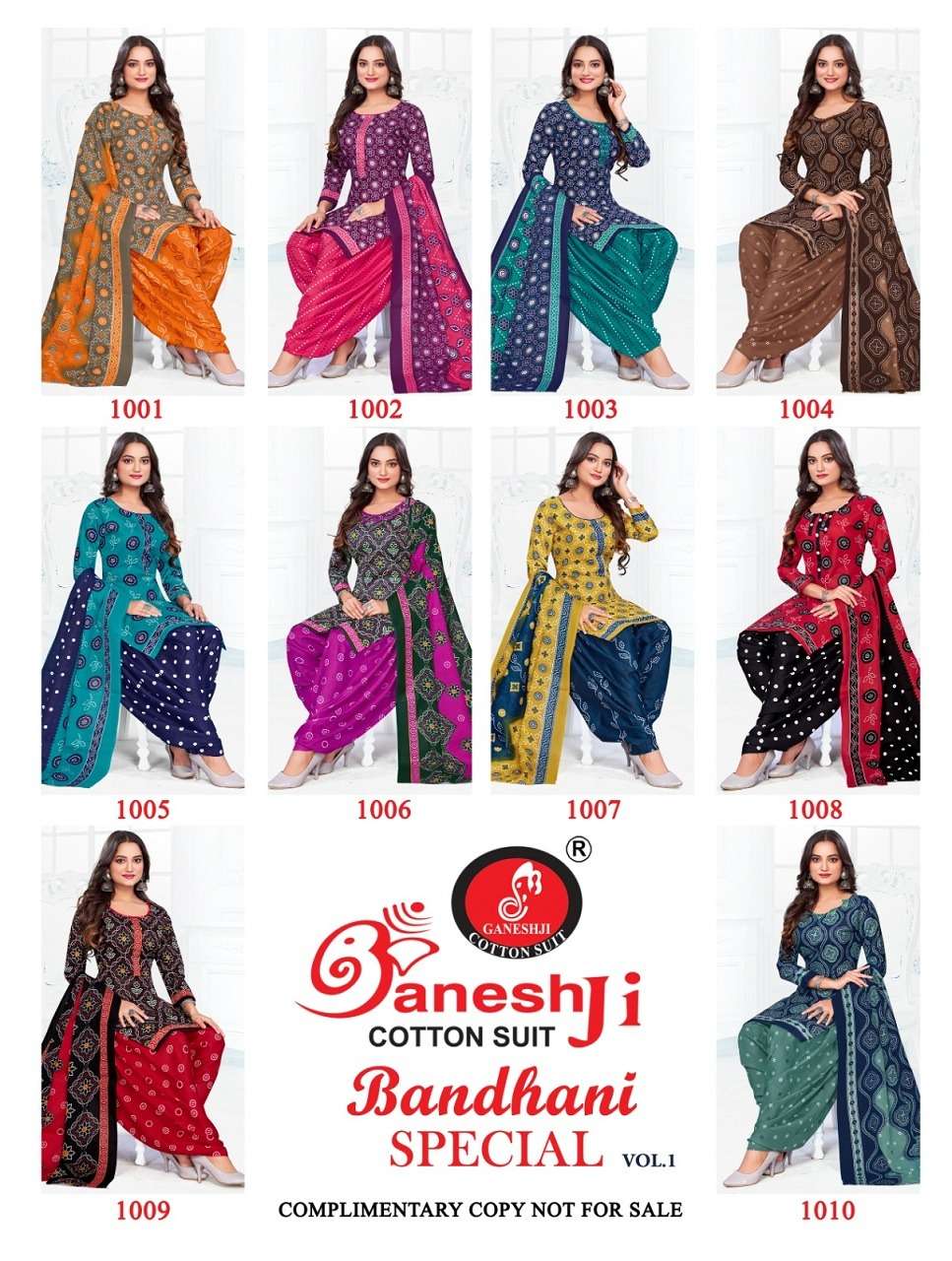 bandhani special vol-1 by ganeshji 1001-1010 series heavy soft cotton printed indian suits latest catalogue wholesaler surat 