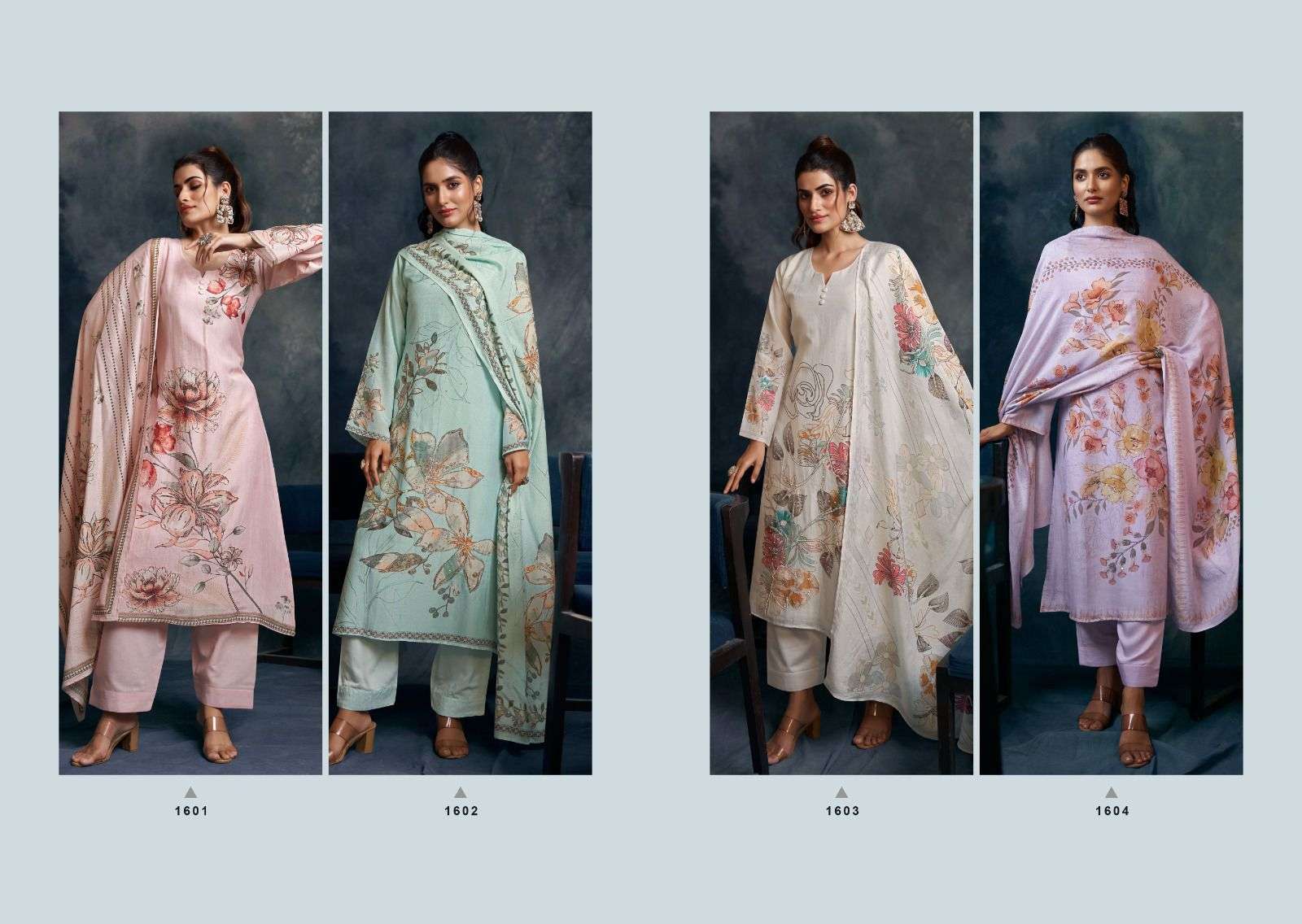 burberry by karva designer studio 1601-1604 series digital print with handwork viscose muslin suits catalogue surat 