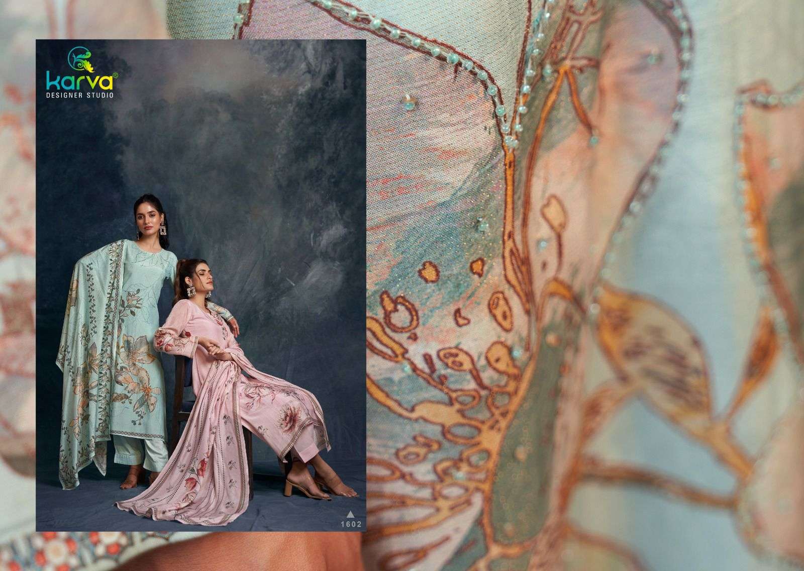 burberry by karva designer studio 1601-1604 series digital print with handwork viscose muslin suits catalogue surat 