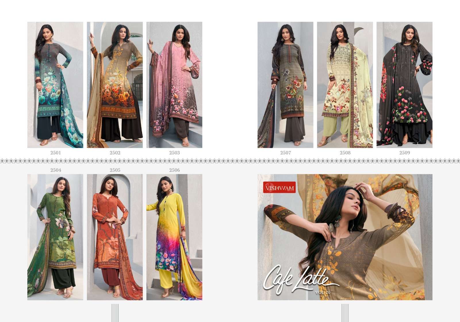 cafe latte vol-20 by vishwam 2501-2509 series unstich salwar kameez catalogue at online market surat gujarat