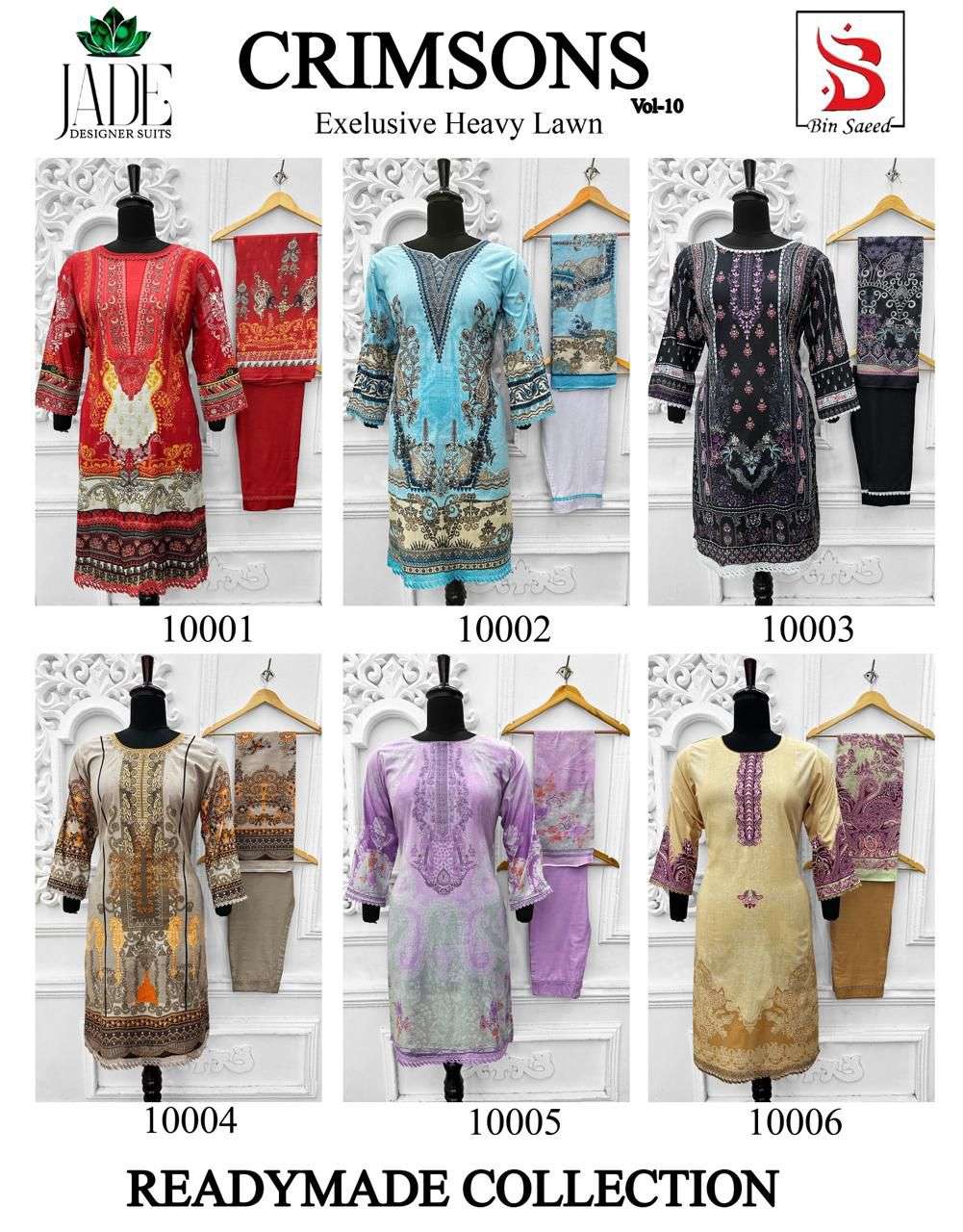 crimsons vol-10 by saanvi trends 10001-10006 series readymade designer lawn cotton salwar suits catalogue surat 