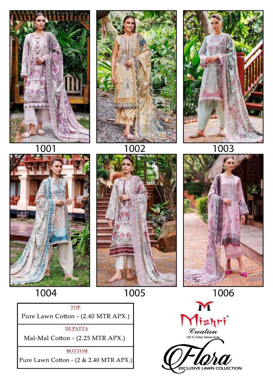 flora by mishri creation 1001-1006 series printed lawn cotton dress material catalogue wholesaler price surat 