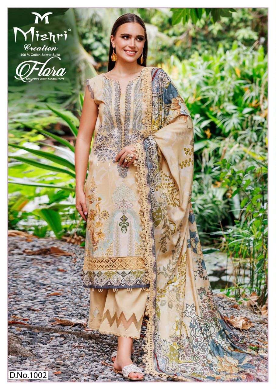 flora by mishri creation 1001-1006 series printed lawn cotton dress material catalogue wholesaler price surat 