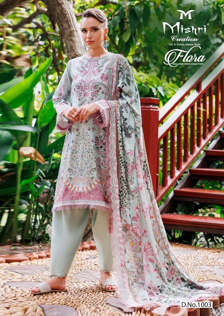 flora by mishri creation 1001-1006 series printed lawn cotton dress material catalogue wholesaler price surat 