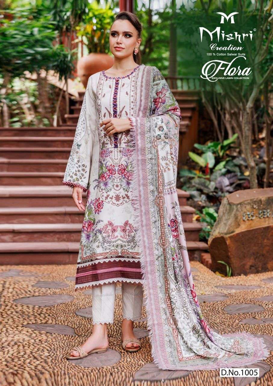 flora by mishri creation 1001-1006 series printed lawn cotton dress material catalogue wholesaler price surat 