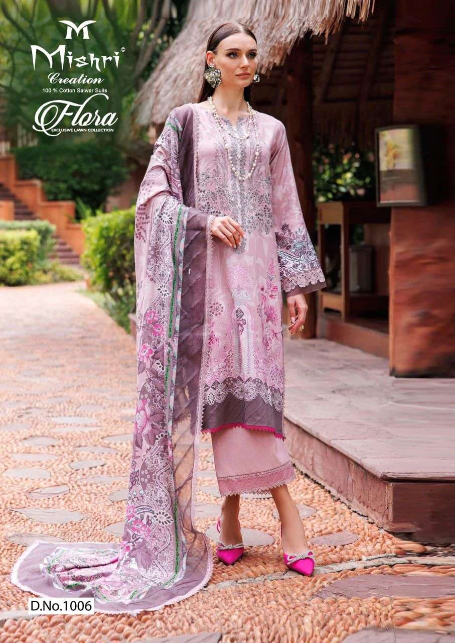 flora by mishri creation 1001-1006 series printed lawn cotton dress material catalogue wholesaler price surat 