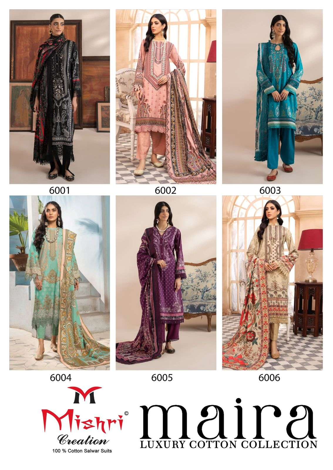 maira by mishri creation 6001-6006 series unstich designer cotton suits catalogue wholesale rate surat 