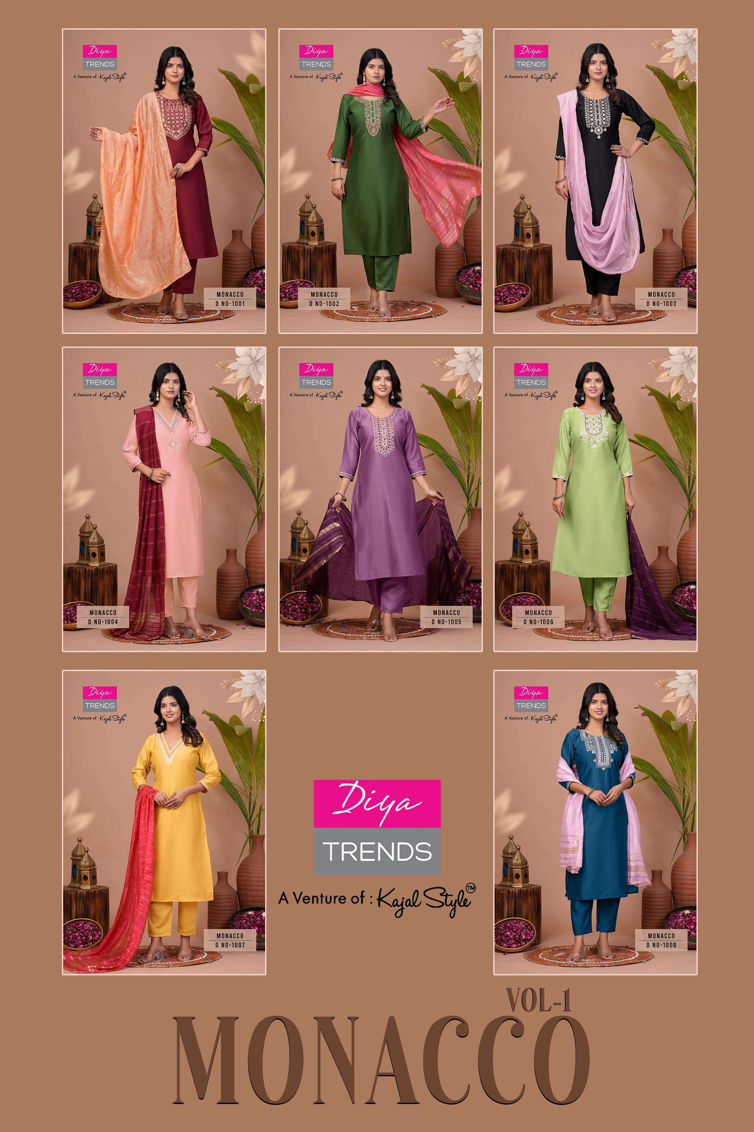 monacco vol-1 by diya trends 1001-1008 series fancy embroidery work designer kurtis catalogue wholesaler surat