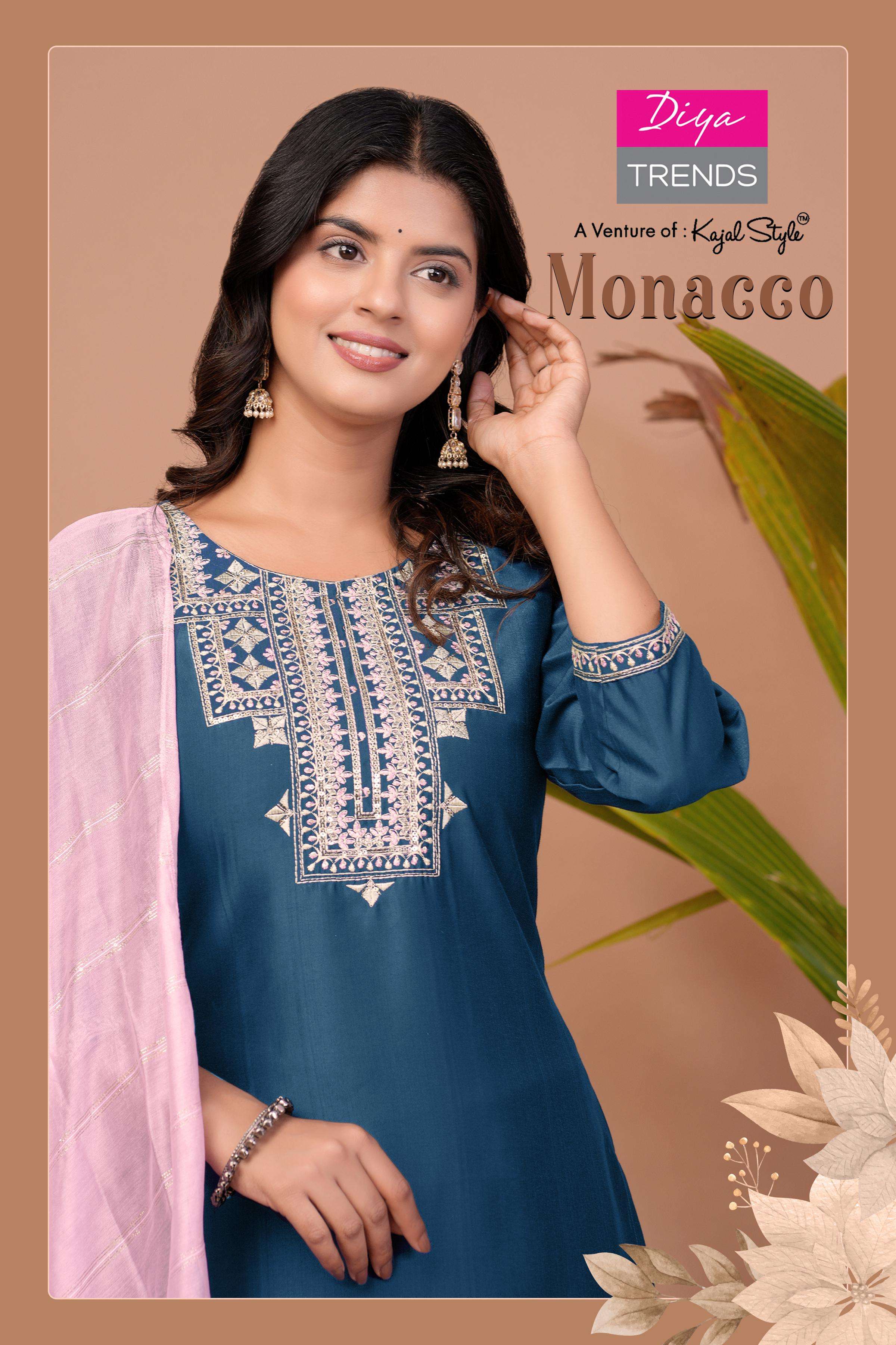 monacco vol-1 by diya trends 1001-1008 series fancy embroidery work designer kurtis catalogue wholesaler surat