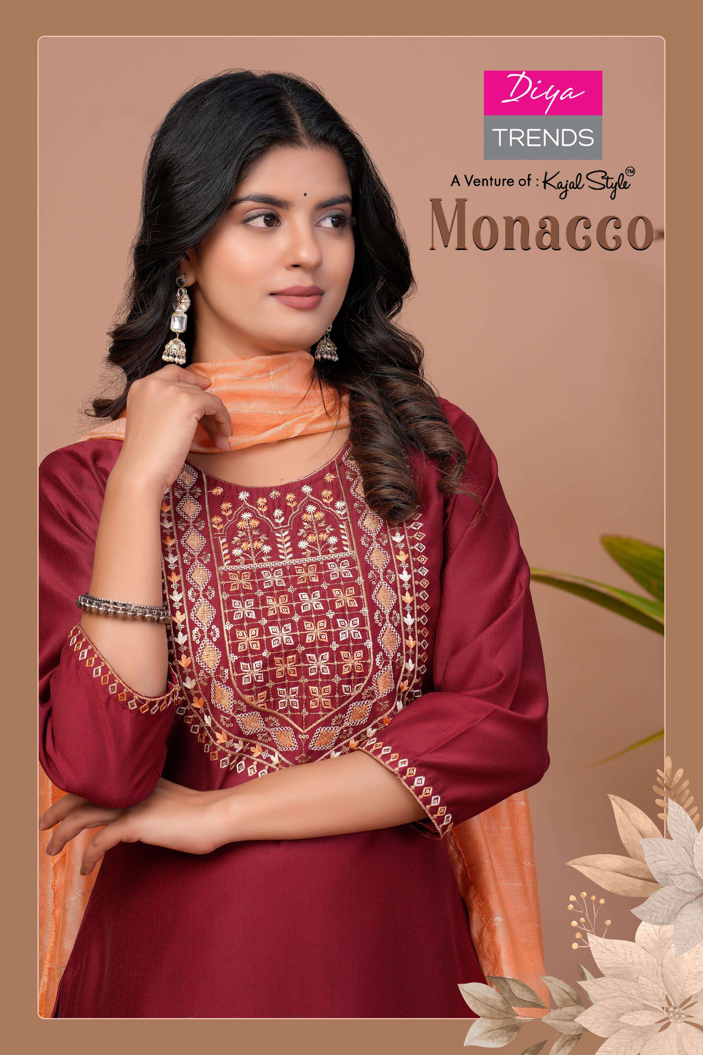 monacco vol-1 by diya trends 1001-1008 series fancy embroidery work designer kurtis catalogue wholesaler surat