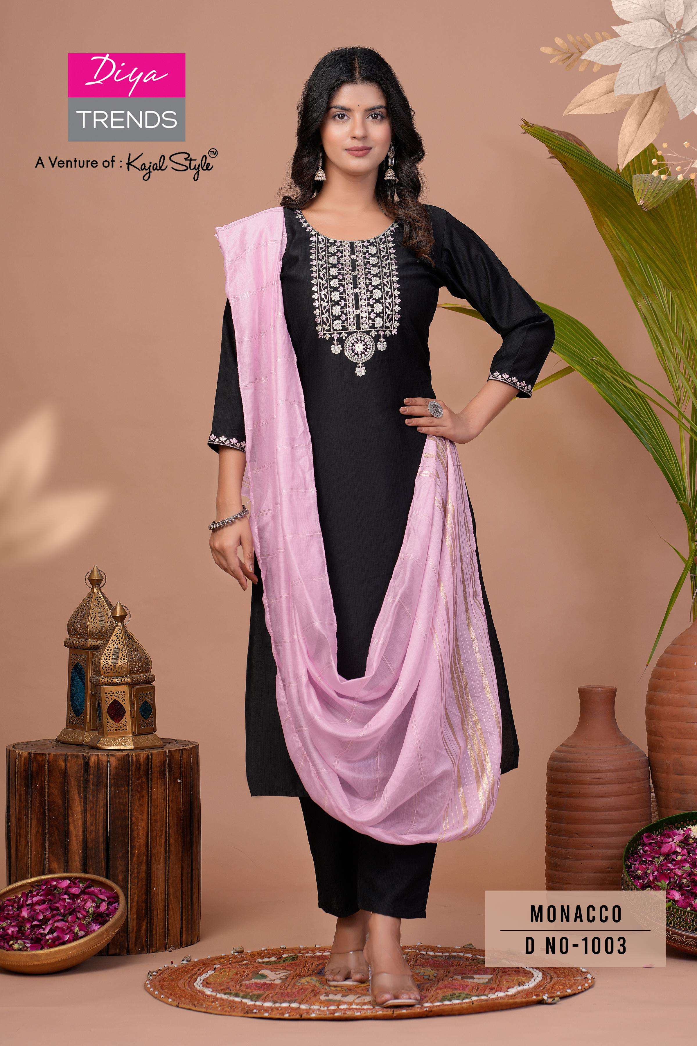 monacco vol-1 by diya trends 1001-1008 series fancy embroidery work designer kurtis catalogue wholesaler surat