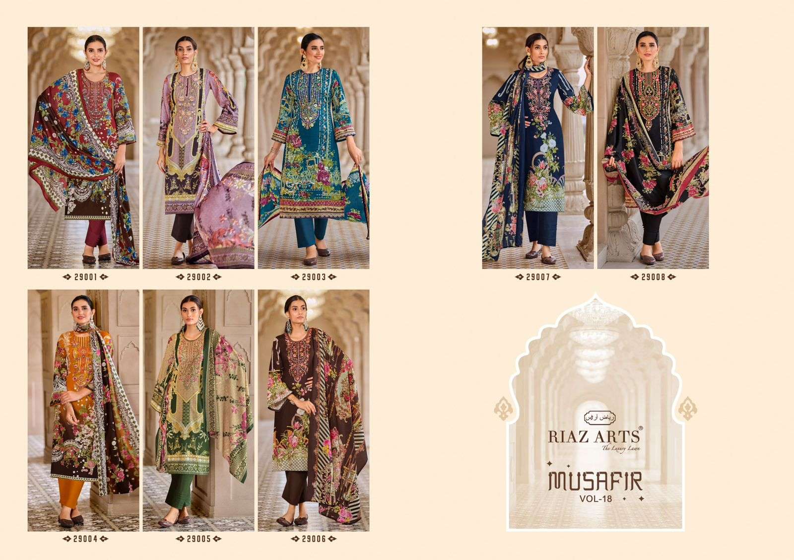 musafir vol-18 by riaz arts 29001-29008 series digital print with embroidered pakistani suits catalogue surat 