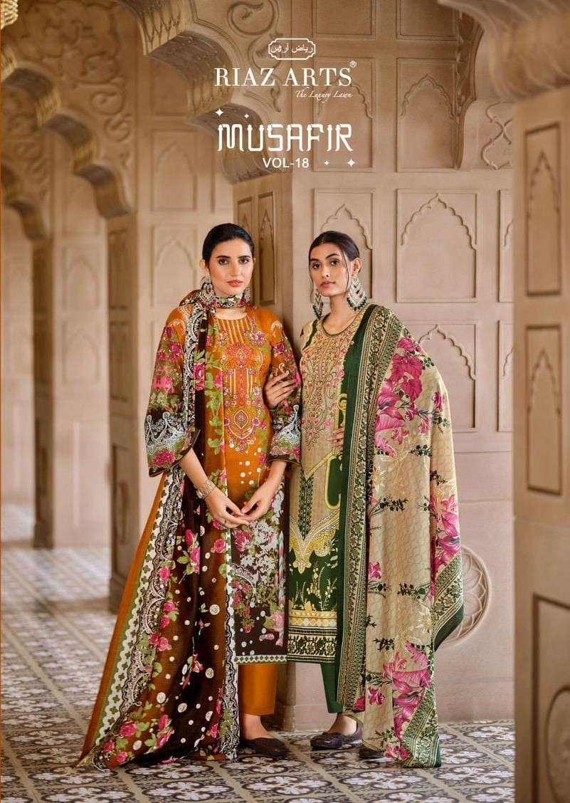 musafir vol-18 by riaz arts 29001-29008 series digital print with embroidered pakistani suits catalogue surat 