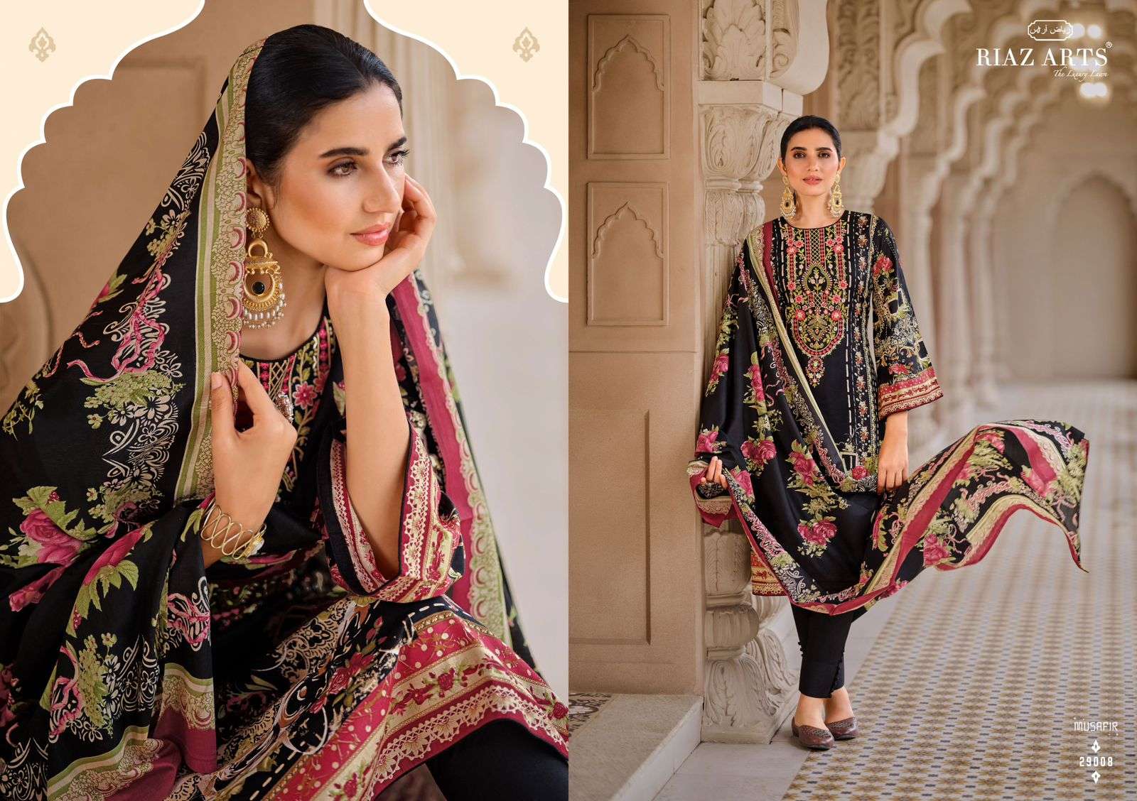 musafir vol-18 by riaz arts 29001-29008 series digital print with embroidered pakistani suits catalogue surat 