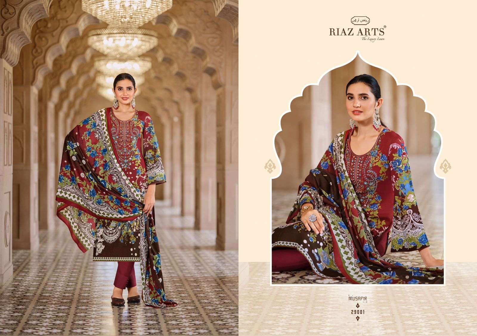 musafir vol-18 by riaz arts 29001-29008 series digital print with embroidered pakistani suits catalogue surat 