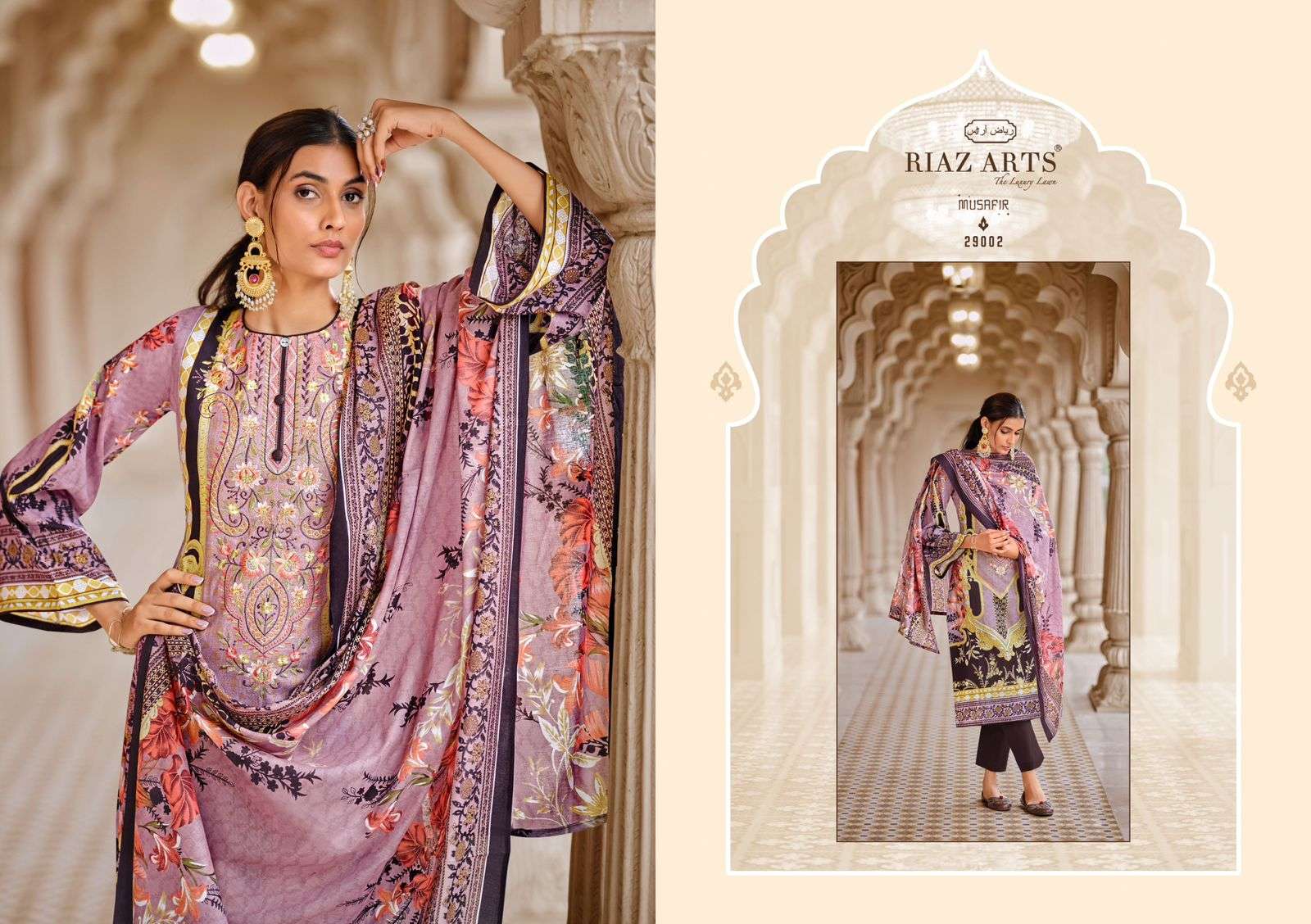 musafir vol-18 by riaz arts 29001-29008 series digital print with embroidered pakistani suits catalogue surat 