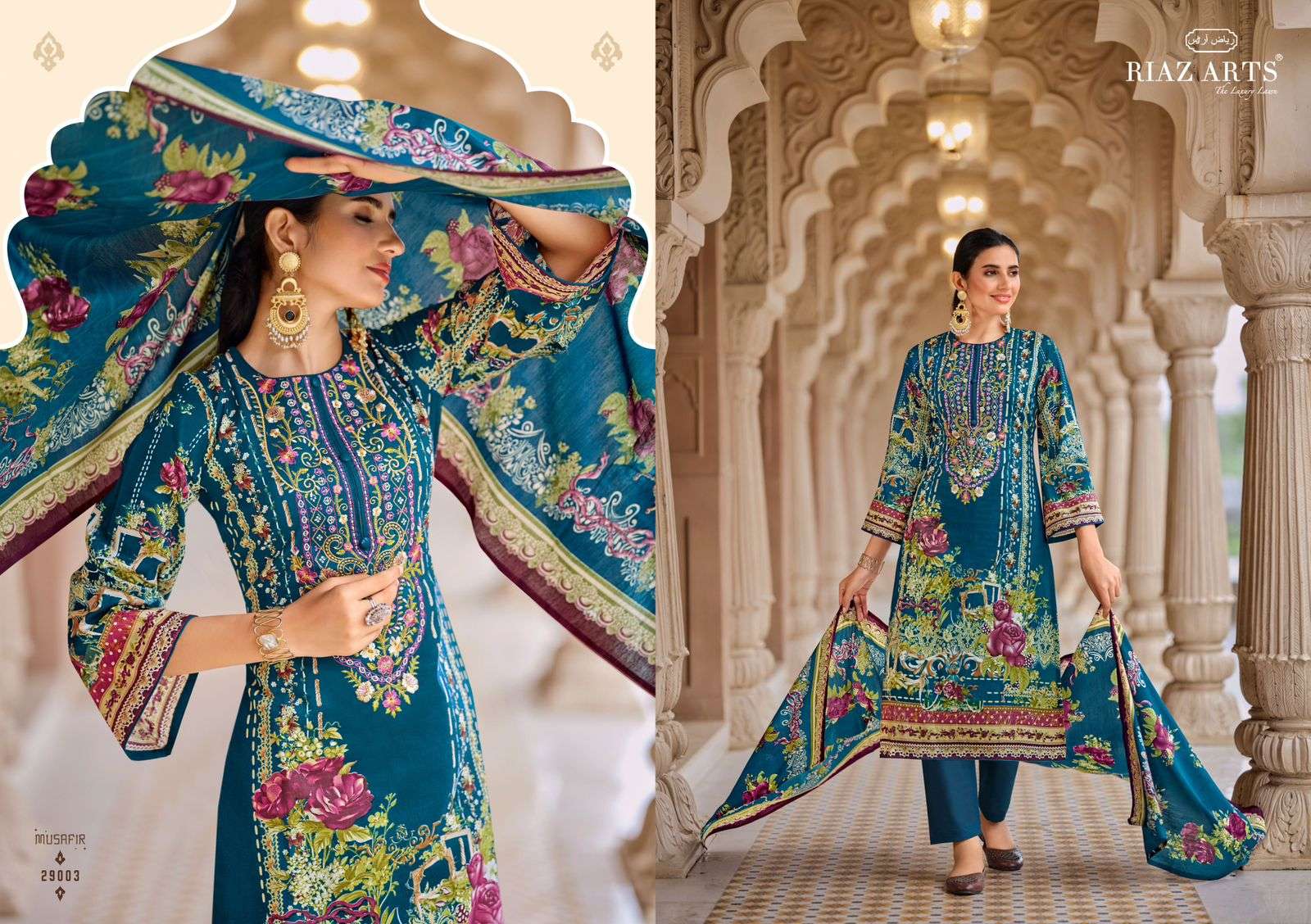 musafir vol-18 by riaz arts 29001-29008 series digital print with embroidered pakistani suits catalogue surat 