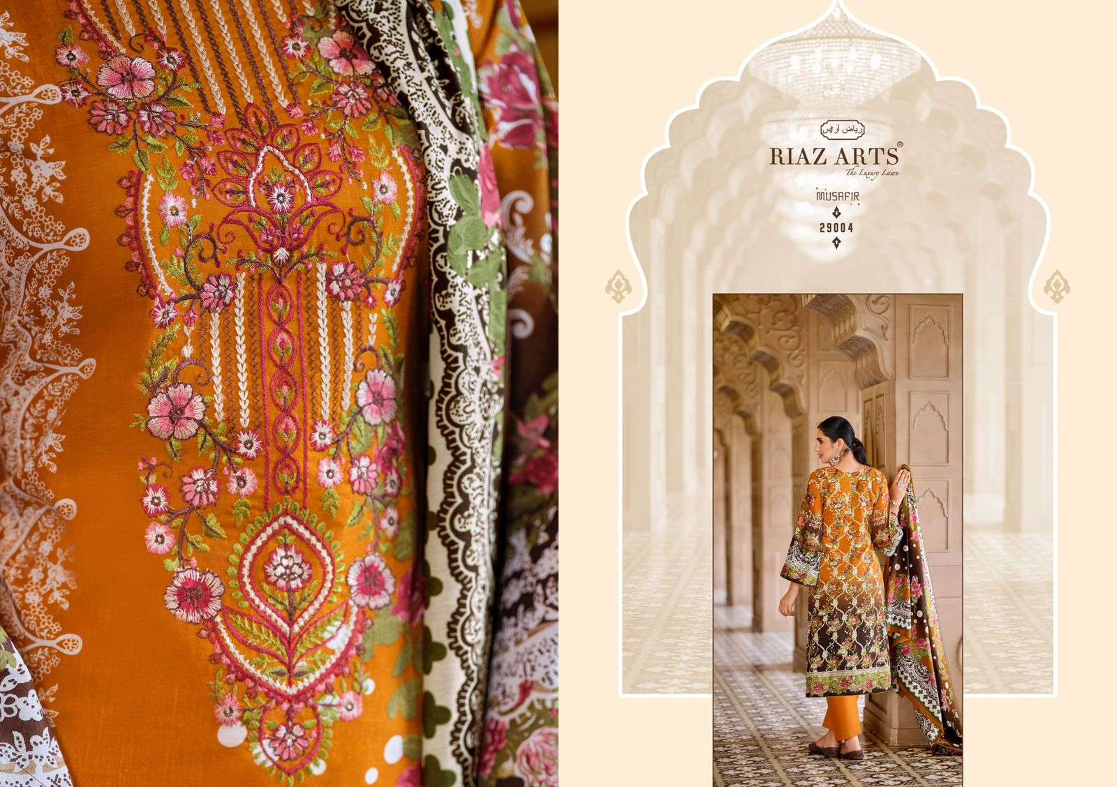 musafir vol-18 by riaz arts 29001-29008 series digital print with embroidered pakistani suits catalogue surat 
