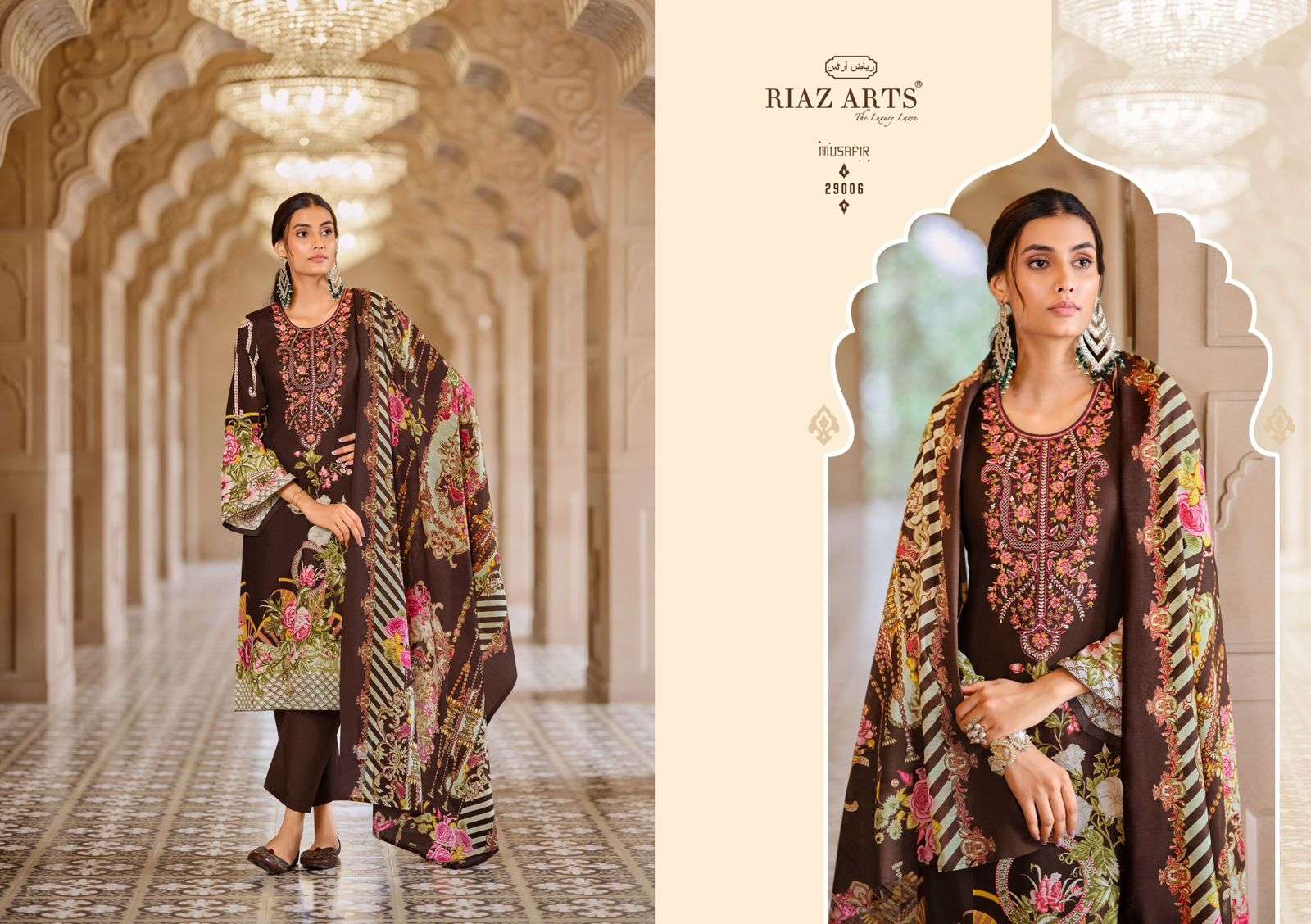 musafir vol-18 by riaz arts 29001-29008 series digital print with embroidered pakistani suits catalogue surat 