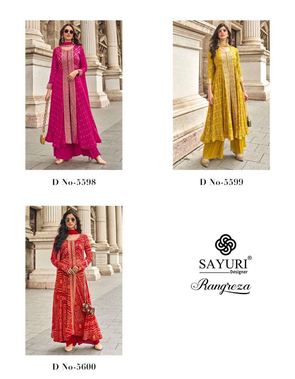rangreza by sayuri designer 5598-5600 series exclusive handwork party wear dress latest catalogue wholesaler surat 