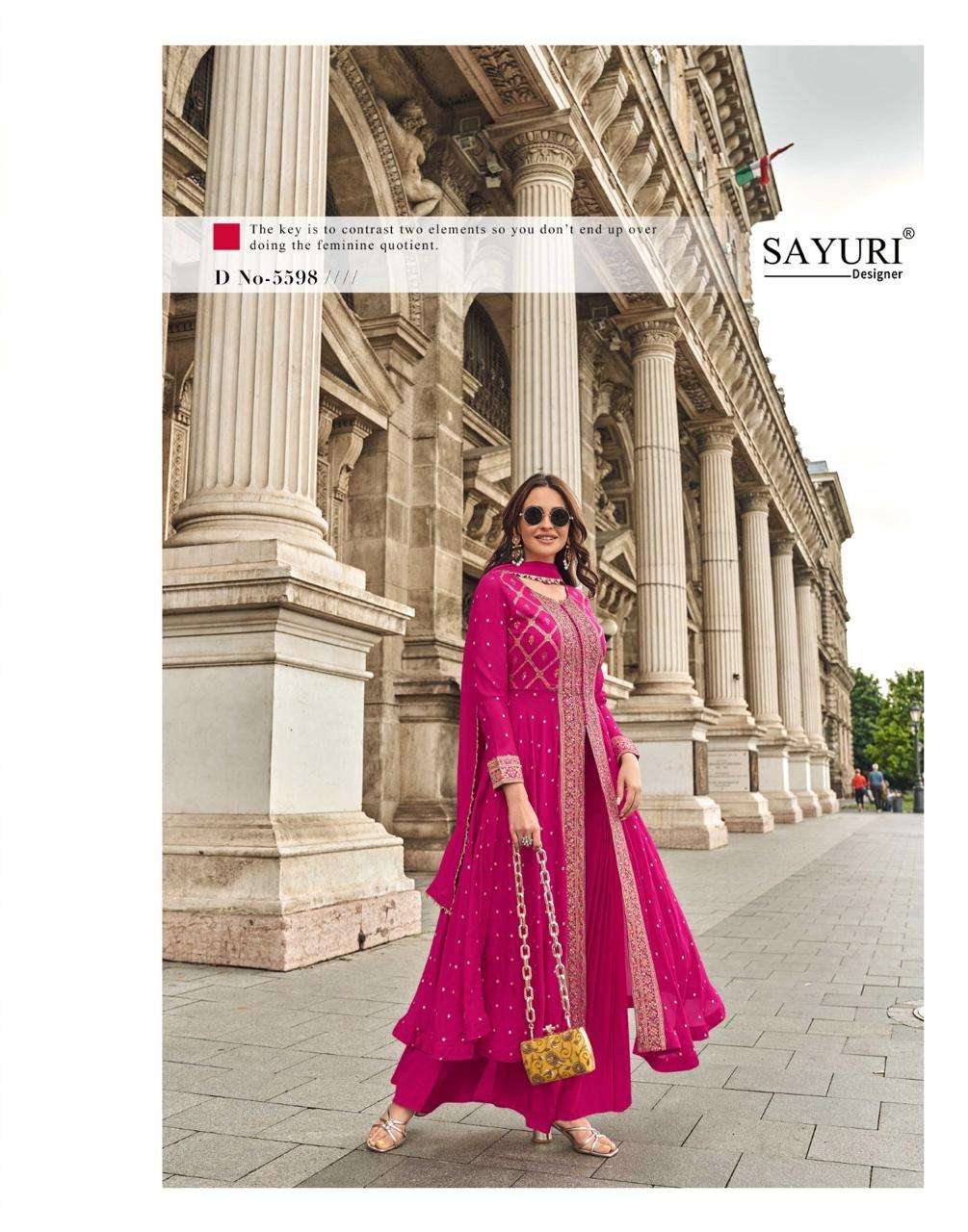rangreza by sayuri designer 5598-5600 series exclusive handwork party wear dress latest catalogue wholesaler surat 