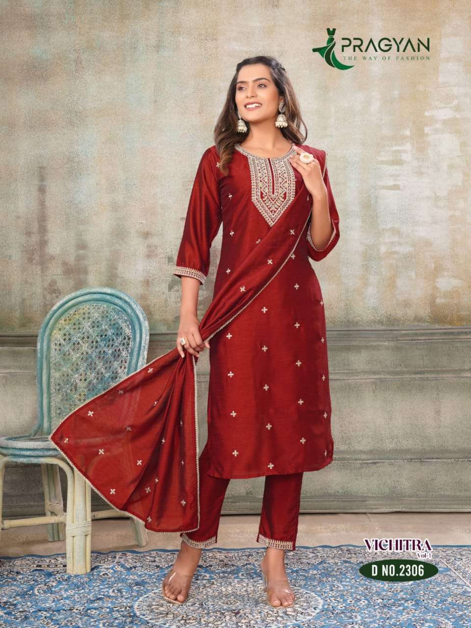 vichitra vol-1 by pragyan 2301-2306 series vichitra fabric with fancy embroidery work dress catalogue online wholesaler surat 