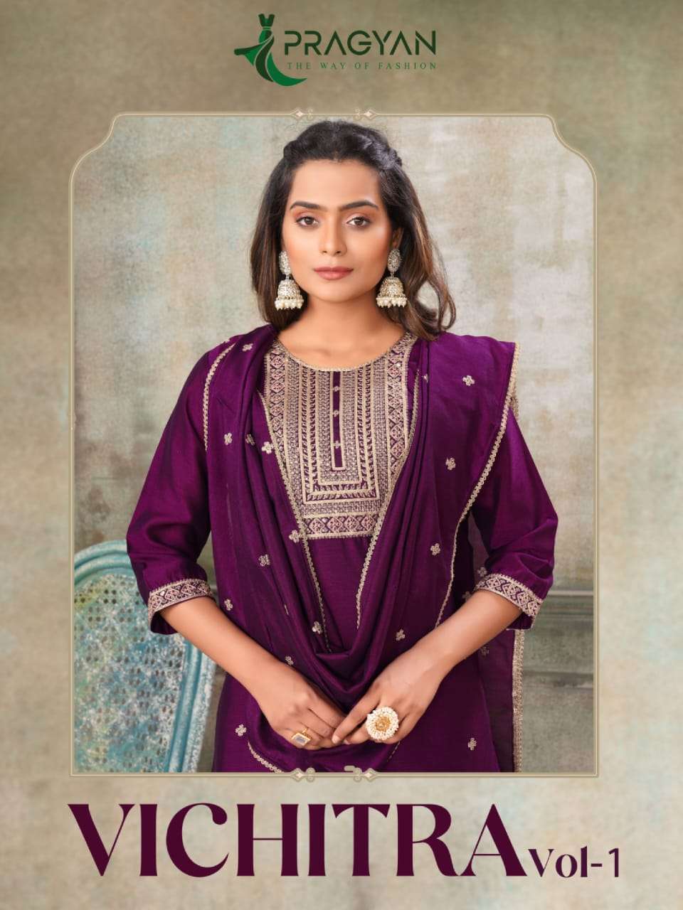 vichitra vol-1 by pragyan 2301-2306 series vichitra fabric with fancy embroidery work dress catalogue online wholesaler surat 