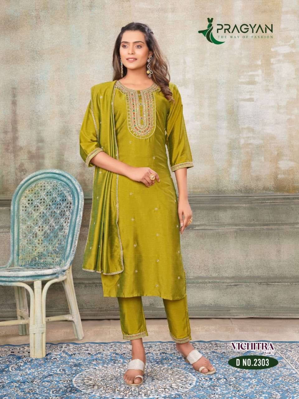 vichitra vol-1 by pragyan 2301-2306 series vichitra fabric with fancy embroidery work dress catalogue online wholesaler surat 