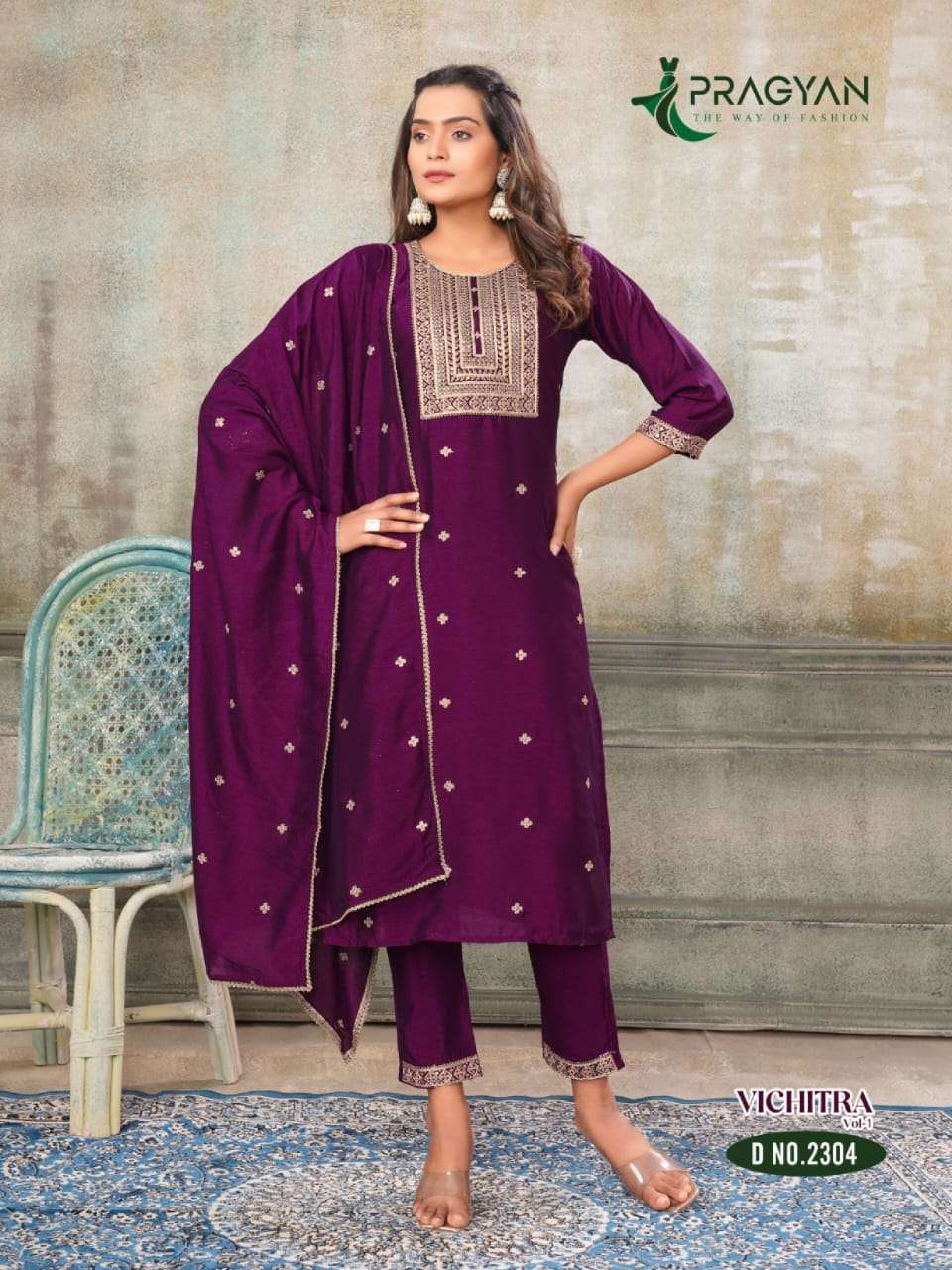 vichitra vol-1 by pragyan 2301-2306 series vichitra fabric with fancy embroidery work dress catalogue online wholesaler surat 