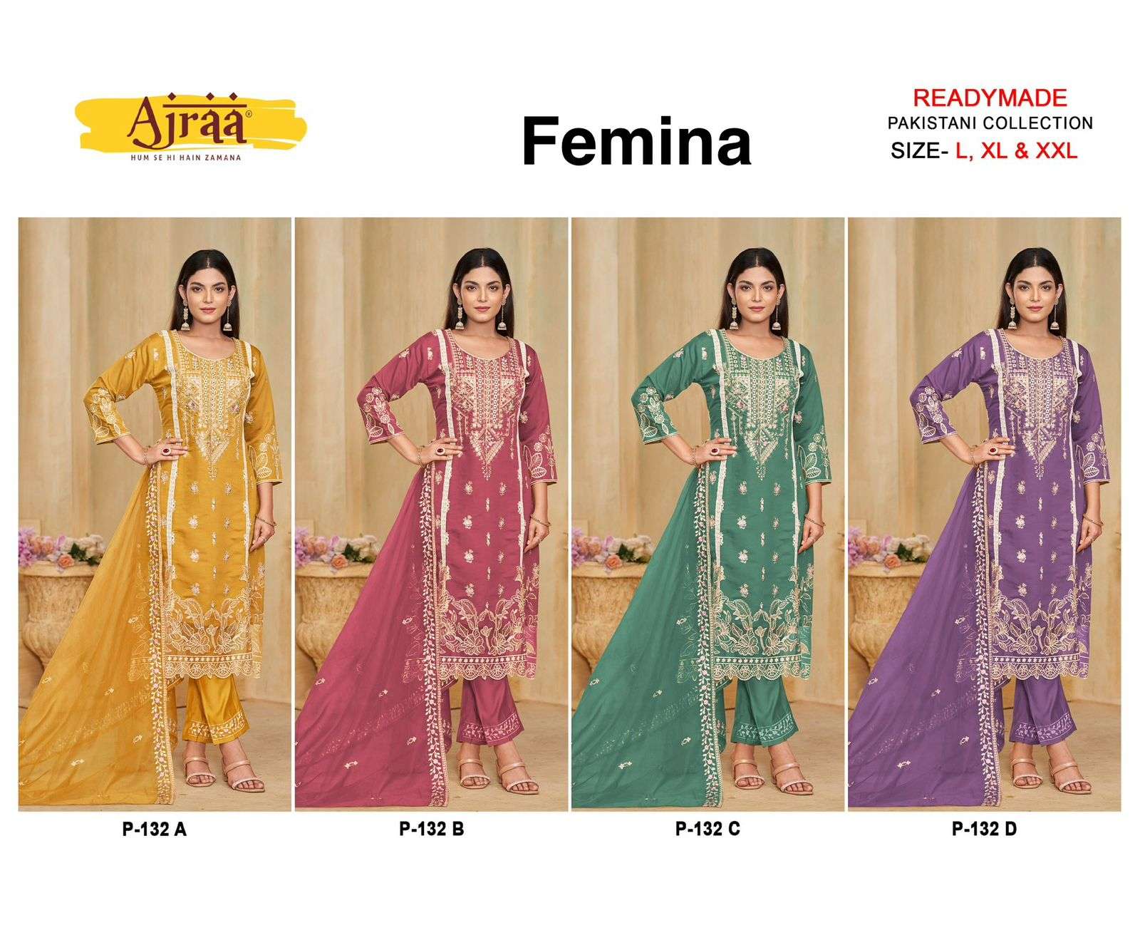 ajraa femina 132 colour series designer pure viscose embroidred ready made pakistani salwar suits catalogue 