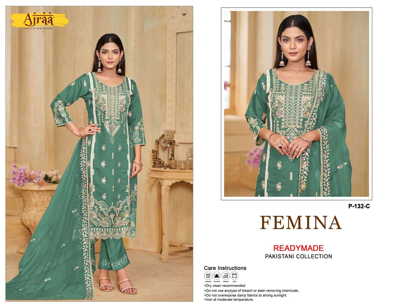 ajraa femina 132 colour series designer pure viscose embroidred ready made pakistani salwar suits catalogue 