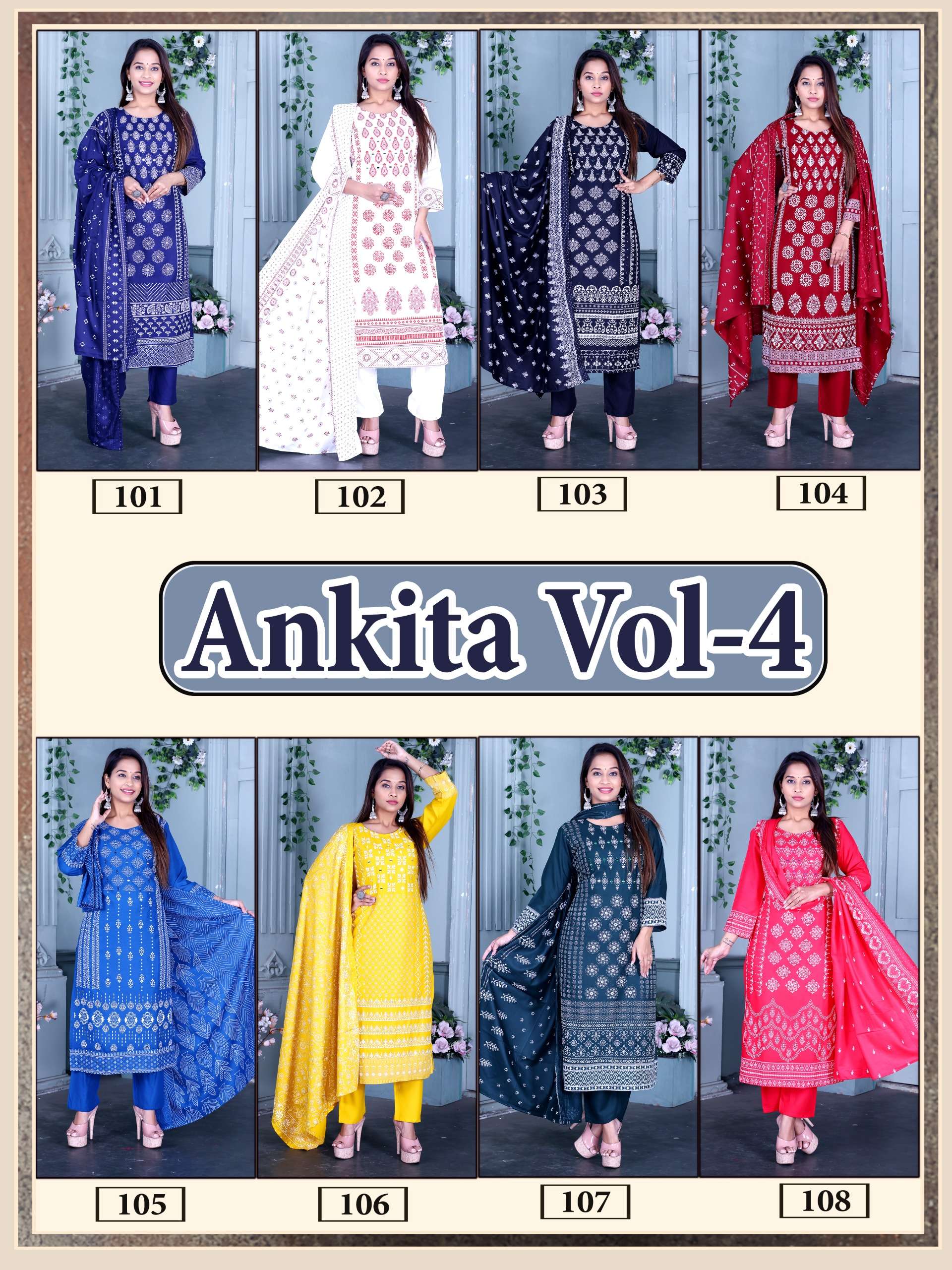 ankita vol-4 by kavya 101-108 series rayon printed with handwork kurtis catalogue wholesaler surat gujarat 
