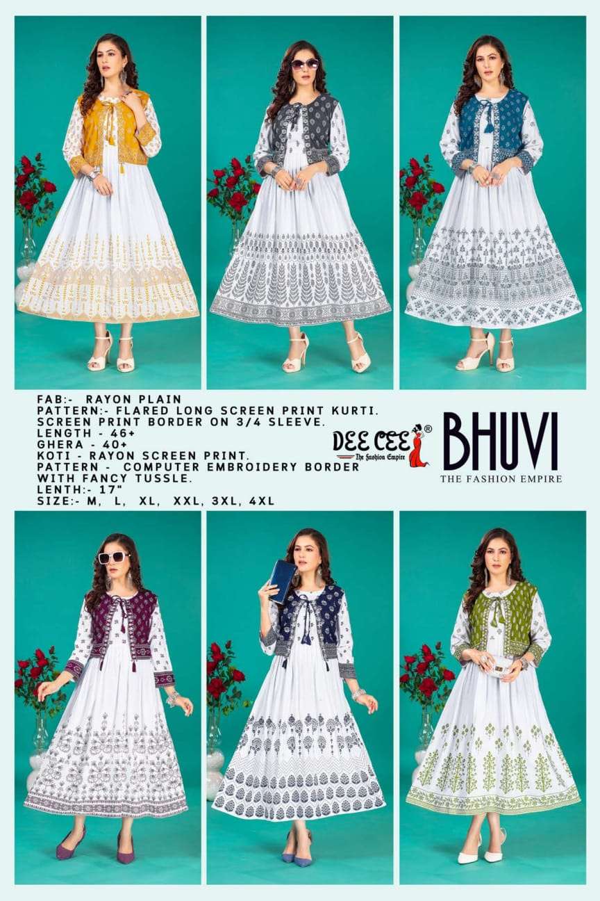 bhuvi by deecee 101-106 series rayon designer fancy kurtis latest catalogue wholesale supplier surat 