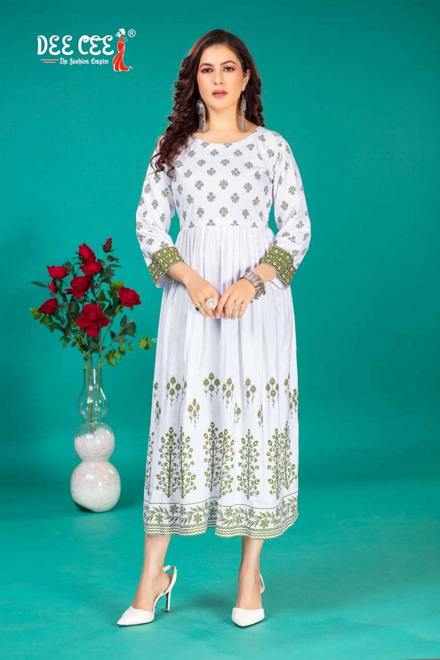 bhuvi by deecee 101-106 series rayon designer fancy kurtis latest catalogue wholesale supplier surat 